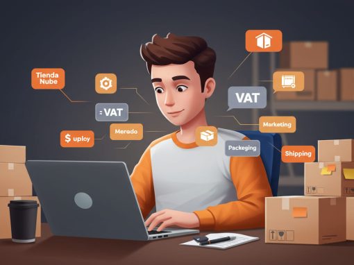 Una ilustración digital moderna que muestre a un dueño de e-commerce analizando en su notebook todos los costos de su tienda online.