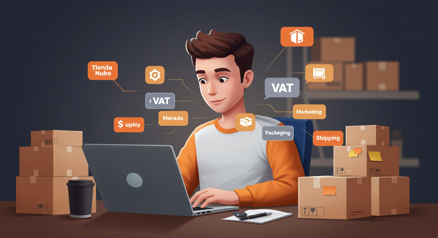 Una ilustración digital moderna que muestre a un dueño de e-commerce analizando en su notebook todos los costos de su tienda online.